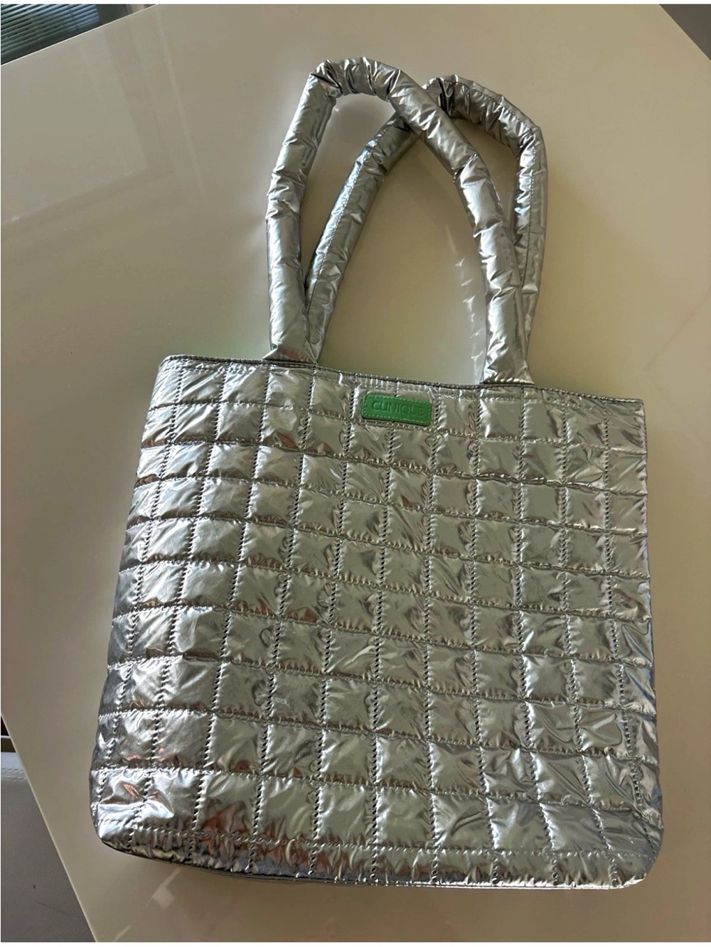 Clinique Silver Quilted Tote Bag Open Top Lined Green Interior Double Handles